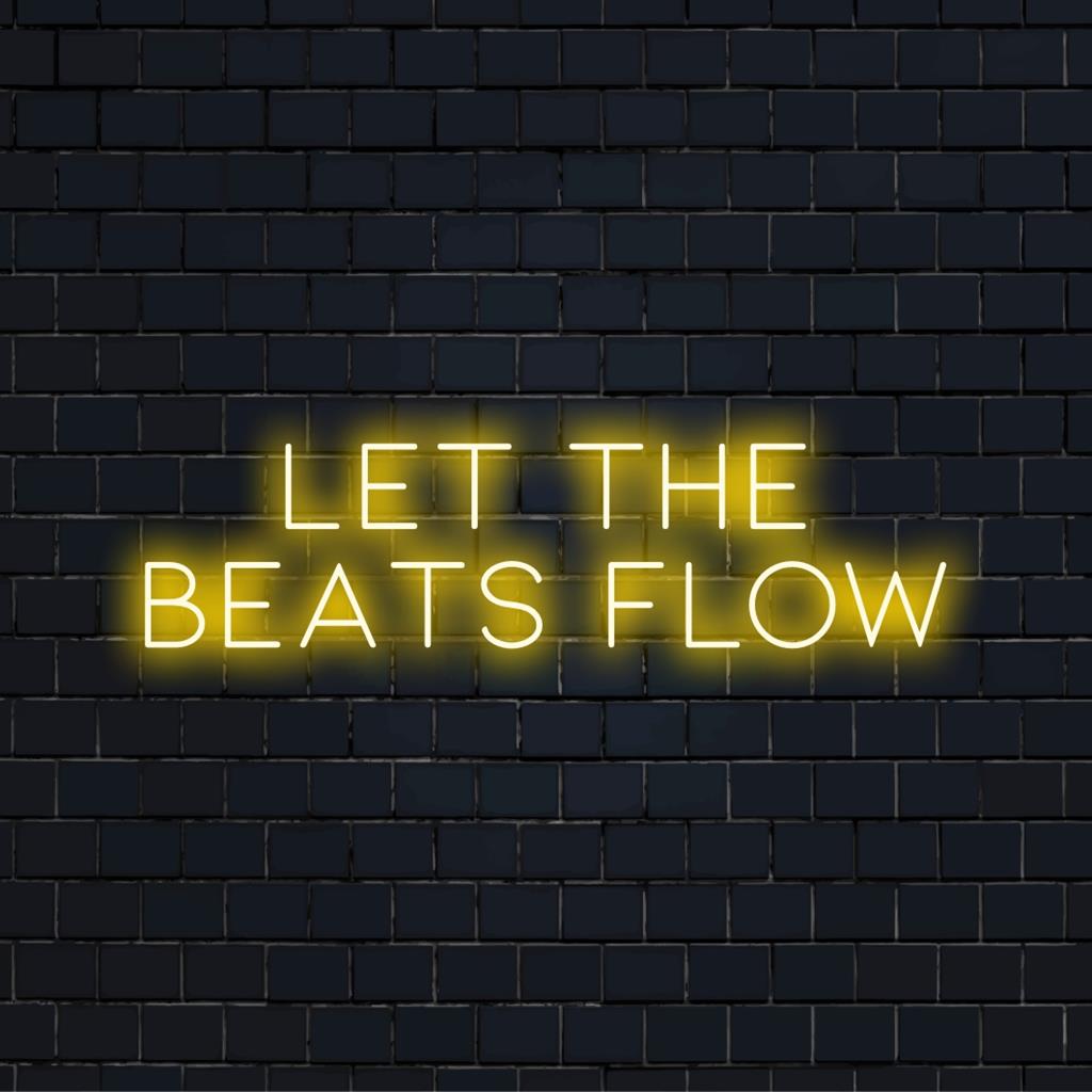 Livlig LED-neonskylt med rytmisk text Let The Beats Flow, perfekt för livlig atmosfär eller väggkonst med musiktema.