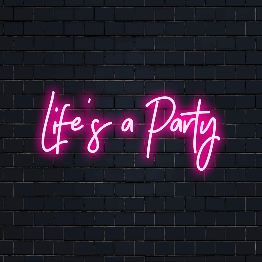 Anpassad LED-neonskylt med Life's A Party upplyst i livfulla färger, perfekt för unik hem- eller evenemangsinredning.