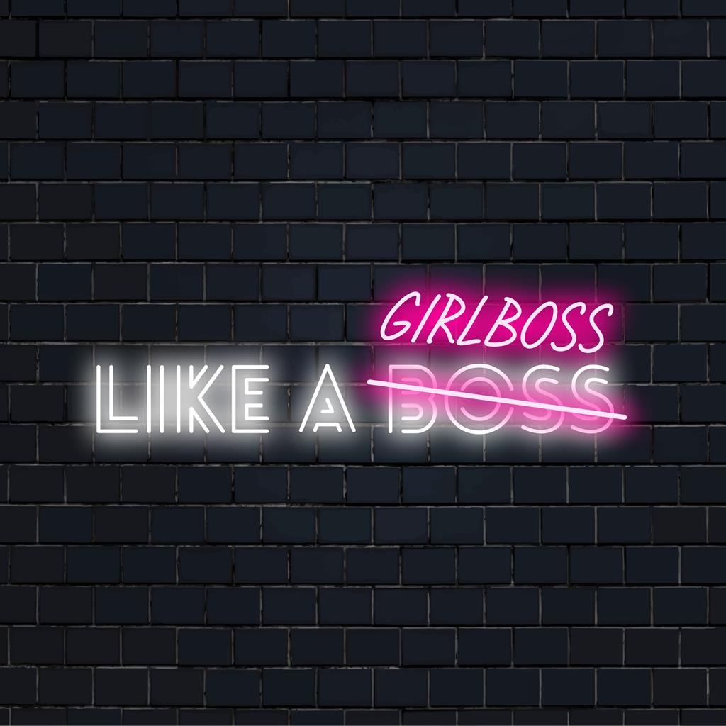 Anpassad LED neonskylt som visar Like A Girlboss i livfulla färger, perfekt för modern inredning och motiverande displayer.