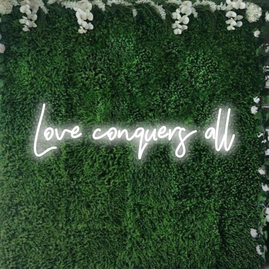 Love Conquers All glödande i livfulla neontoner, perfekt som personlig LED neonkonstskylt för hem- eller företagsinredning.