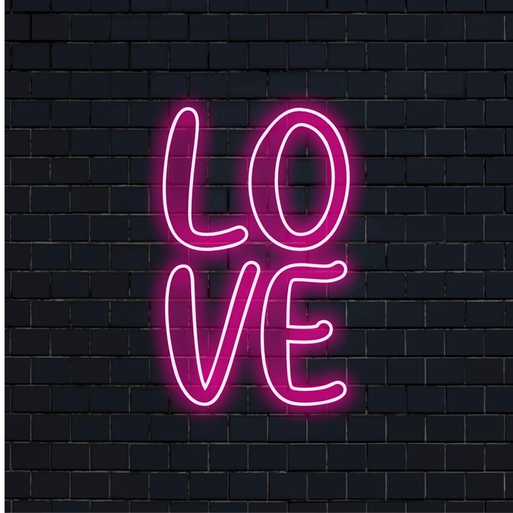 LED neonskylt design läsning Kärlek i elegant manus; perfekt neonljusinredning och personlig neonskylt anpassad för ditt utrymme.