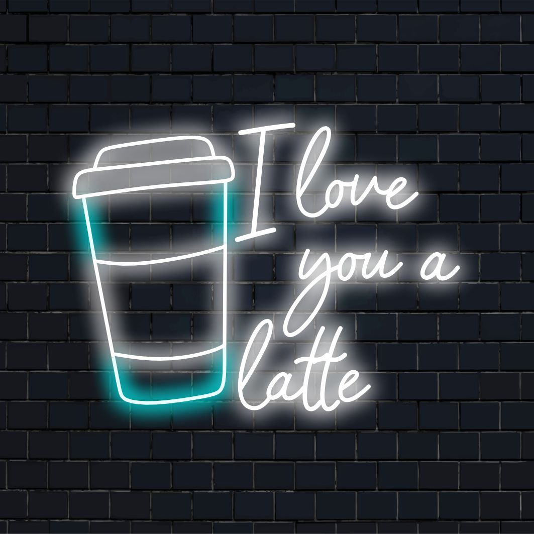 Anpassad LED-neonskylt med orden Love You A Latte glödande i livfulla färger, perfekt för en unik inredningsstämning.