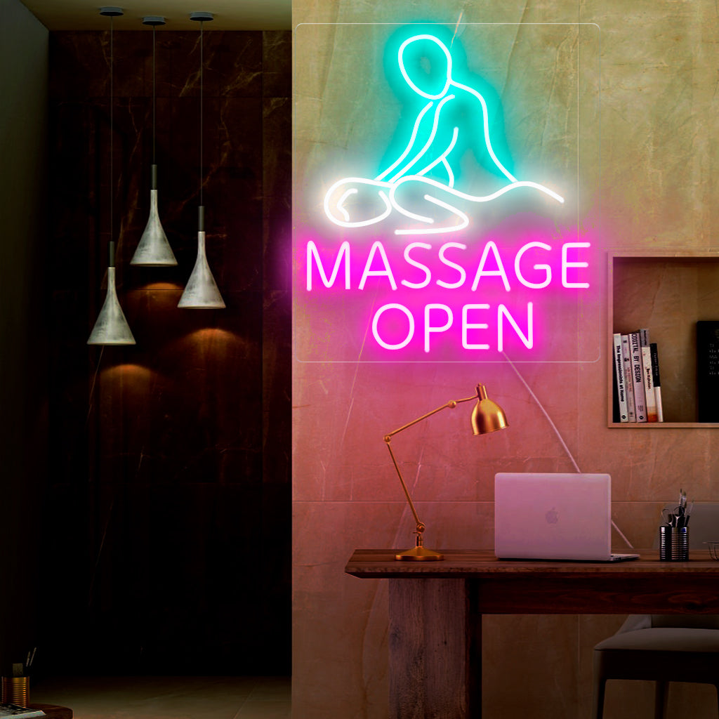 "Massage Open Neon Sign" är ett inbjudande och lugnande tillskott, perfekt för att signalera en öppen massage eller spa-service. Lys upp med avkoppling och lugn!