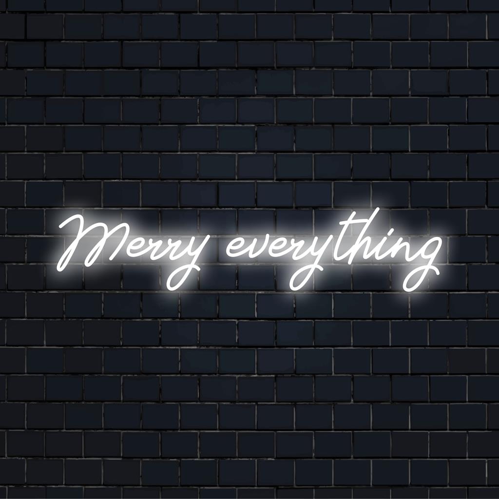 Festlig LED neonskylt som lyser Merry Everything i glada färger; perfekt neon väggkonst för semesterinredning.