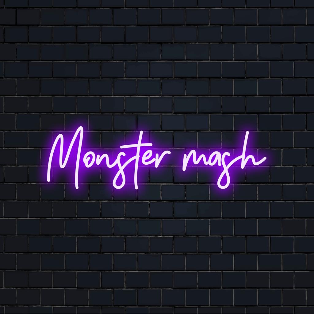 Anpassad LED-neonskylt med titeln Monster Mash, med unik handgjord konst för levande neonväggar.