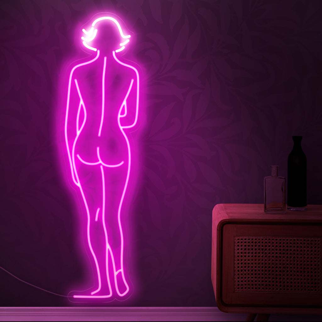 "Naked Woman Walking Neon Sign" är ett konstnärligt och smakfullt tillägg, perfekt för utrymmen som uppskattar skönheten i figurativ konst. Lys upp med estetisk elegans!