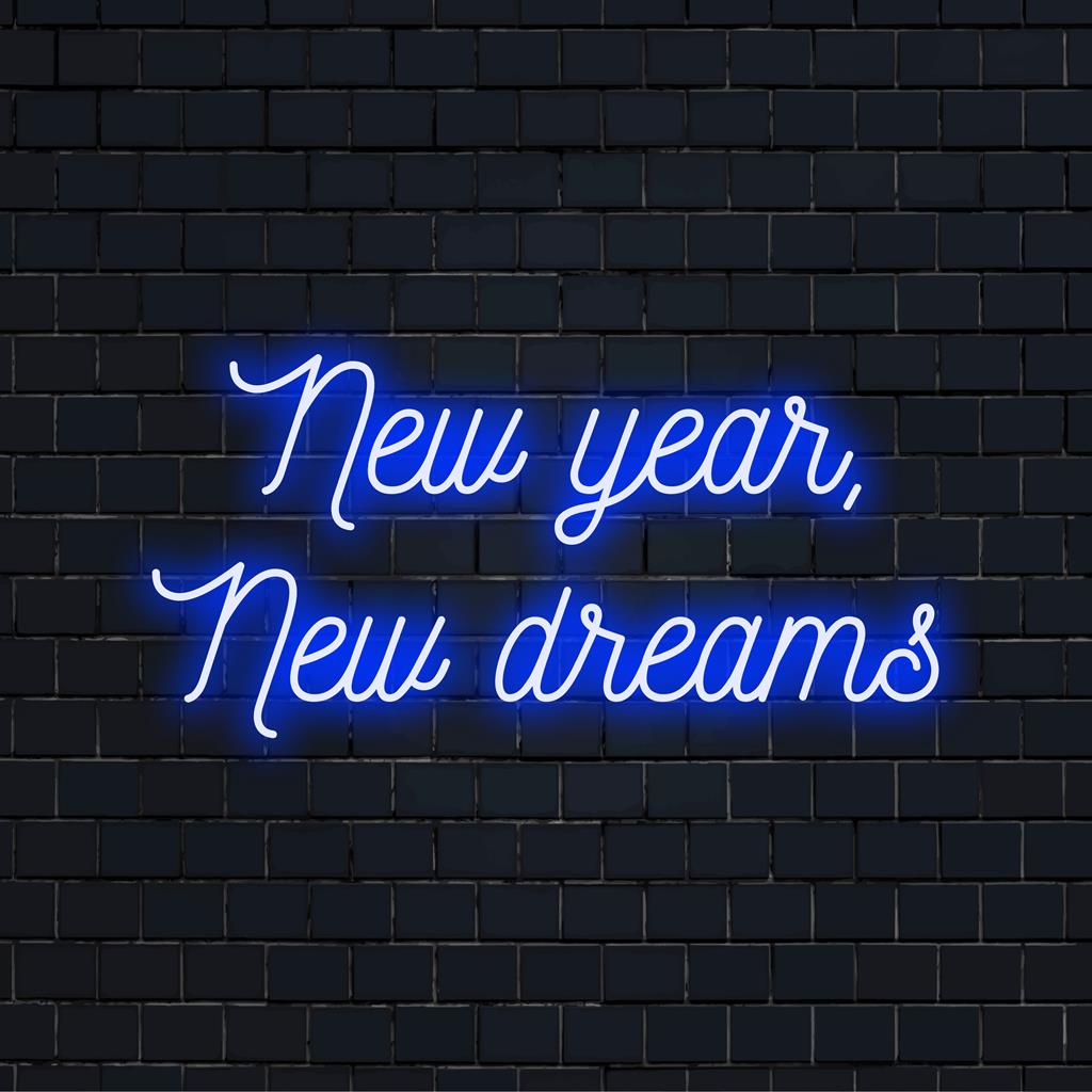 Livlig anpassad LED-neonskylt, "New Year, New Dreams", perfekt för att lägga till en touch av optimism och modern inredning till alla utrymmen.
