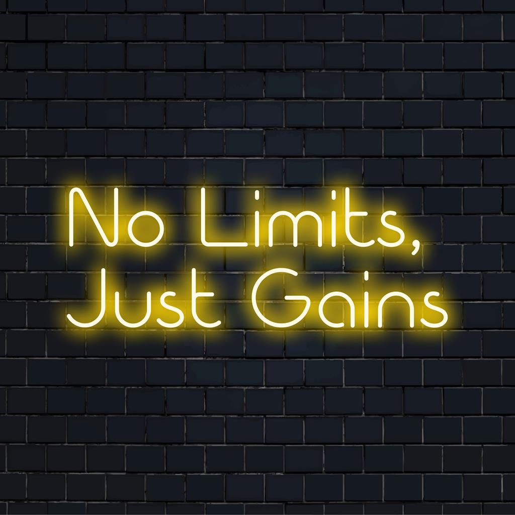 Anpassad LED neonskylt med No Limits, Just Gains; levande glöd perfekt för motiverande inredning eller personliga gym uttalanden.