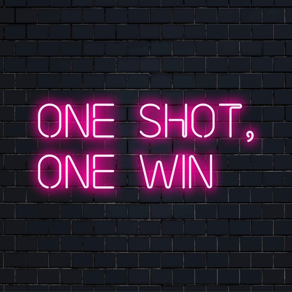 Livlig LED-neonskylt som visar One Shot, One Win-citat. Idealisk för inredning och inspirerande väggkonst. Skräddarsydd design.