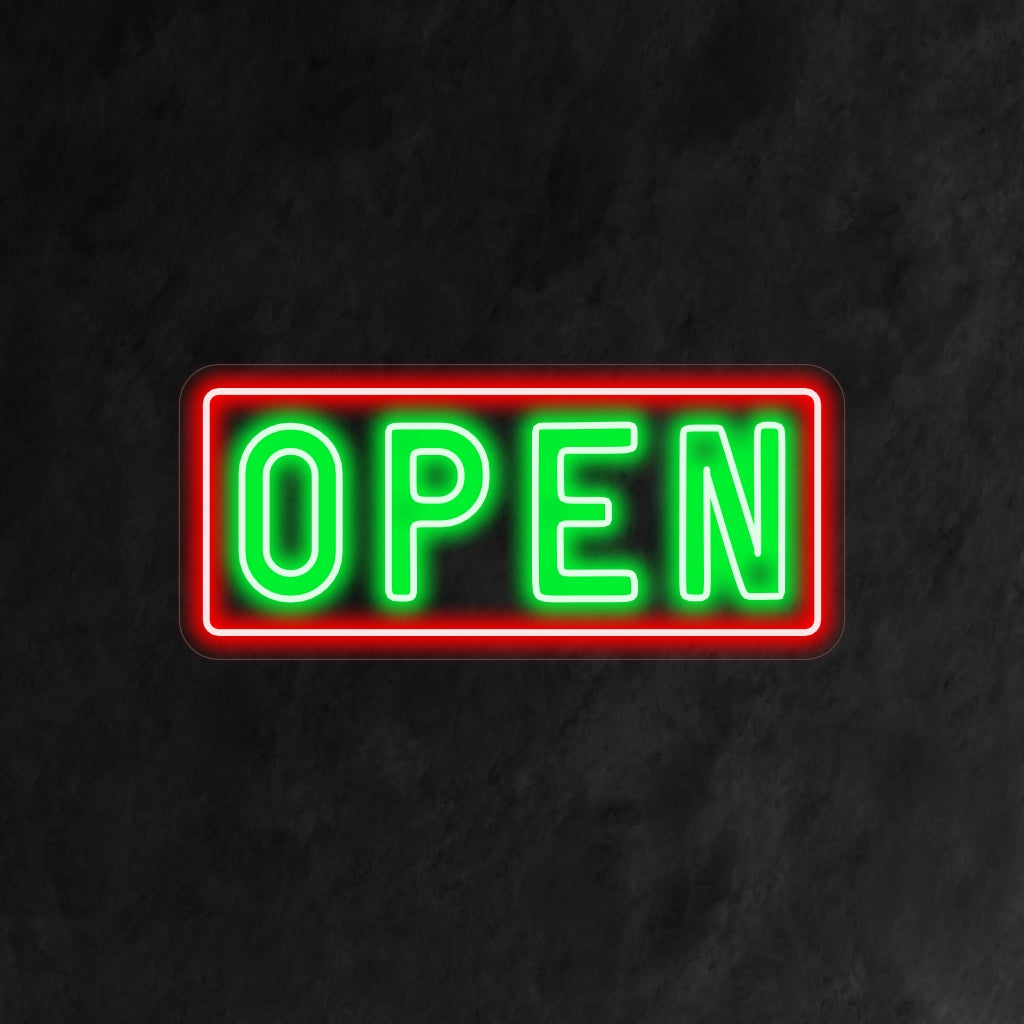 "Open Neon Sign" är ett enkelt och tidlöst tillägg, perfekt för utrymmen som vill kommunicera sin tillgänglighet. Lys upp med ett klart och välkomnande sken!