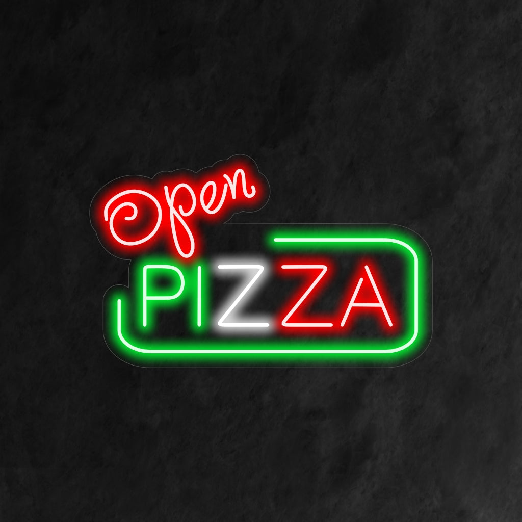 "Open Pizza Neon Sign" är ett välsmakande och oemotståndligt tillskott, perfekt för pizzerior som öppnar sina dörrar för pizzaälskare. Lys upp med doften av nybakad godhet!