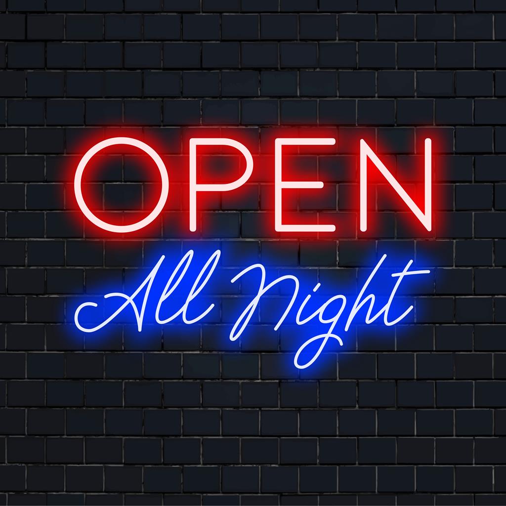 Vibrant Open All Night-skylt som glänser i blå LED-neonljus, ger en retrokänsla till din bar- eller restauranginredning.