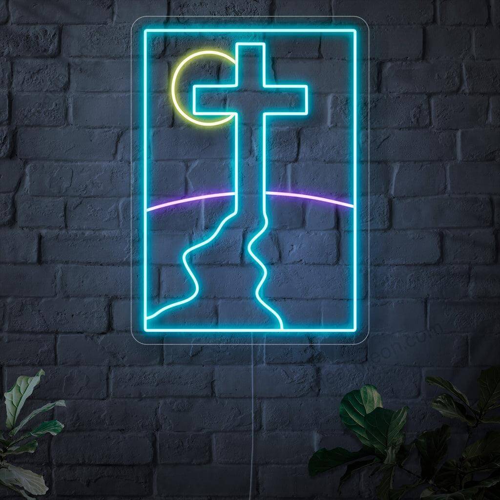 En upplyst neonskylt med en stig som leder till ett kors, som symboliserar trons resa och ger en känsla av riktning och inspiration
