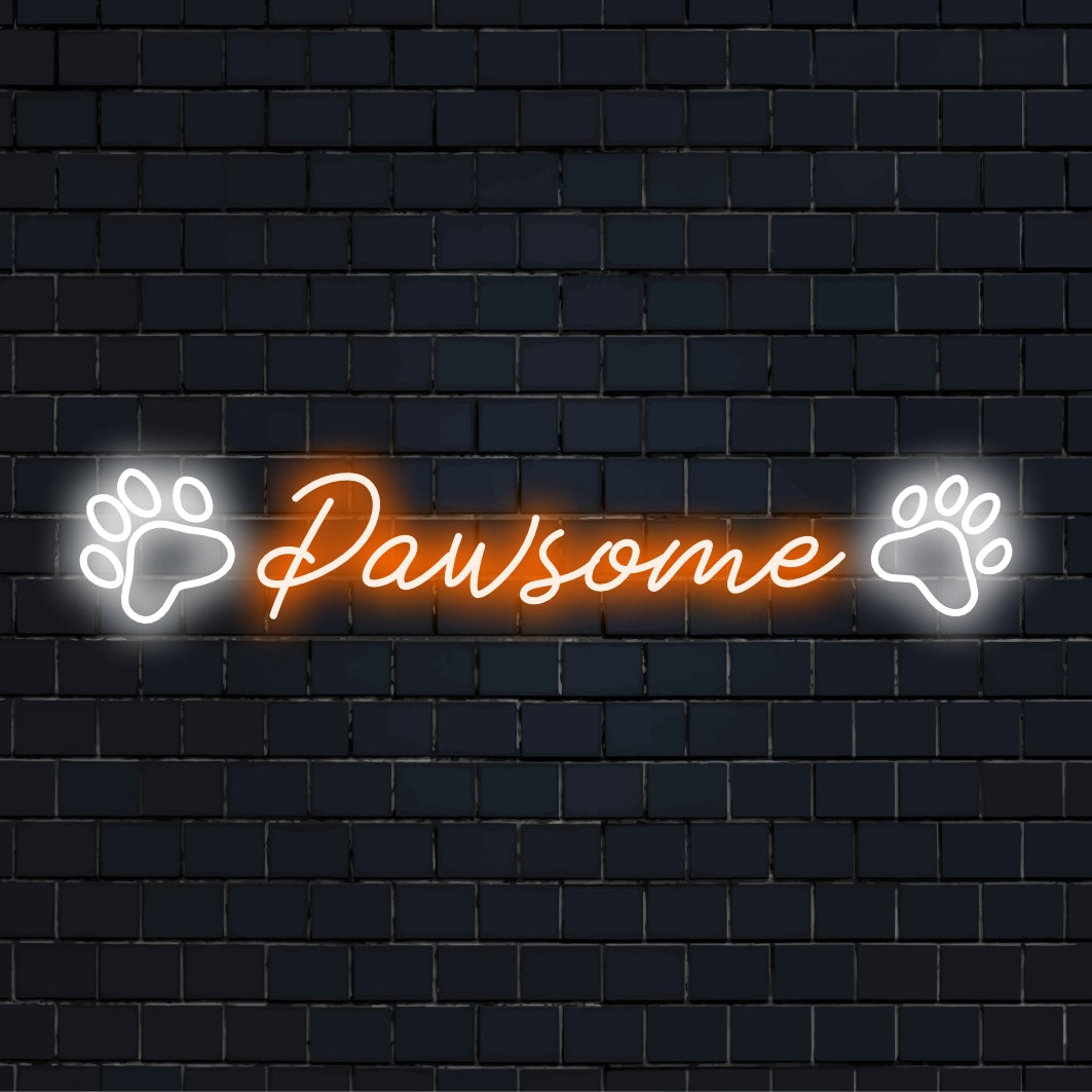 Anpassad LED-neonskylt med titeln Pawsome, utformad för husdjursälskare; har livfull neonfärg och tassdesign.
