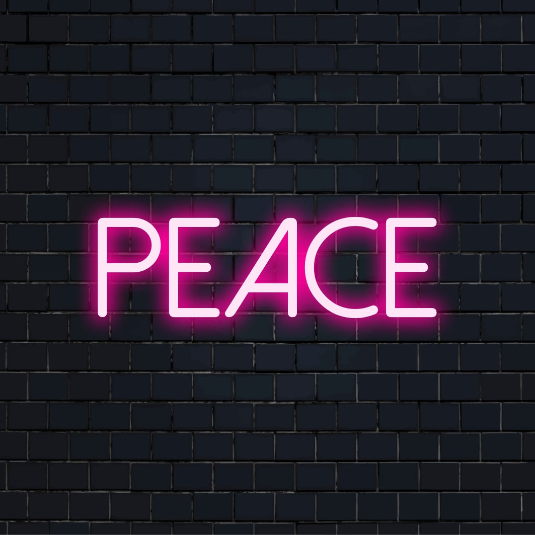 Anpassad LED-ljusdekor som stavar "Peace", en handgjord neonskylt, perfekt för livfull inredning i hemmet eller evenemang.