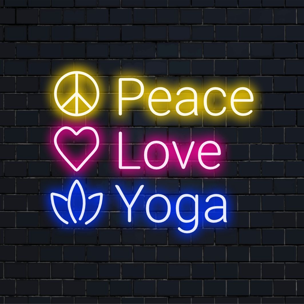 Livlig anpassad LED-neonskylt som visar "Peace, Love, Yoga" med strålande glöd; perfekt för ditt zen-utrymme.