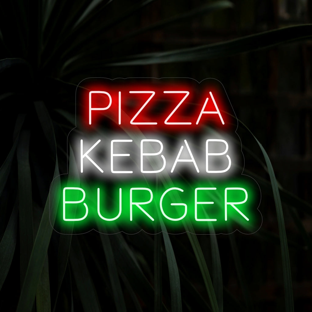 "Pizza Kebab Burger Neon Sign" är ett aptitretande och mångsidigt tillägg, perfekt för utrymmen som visar upp en mängd läckra alternativ. Lys upp med doften av en varierad meny!