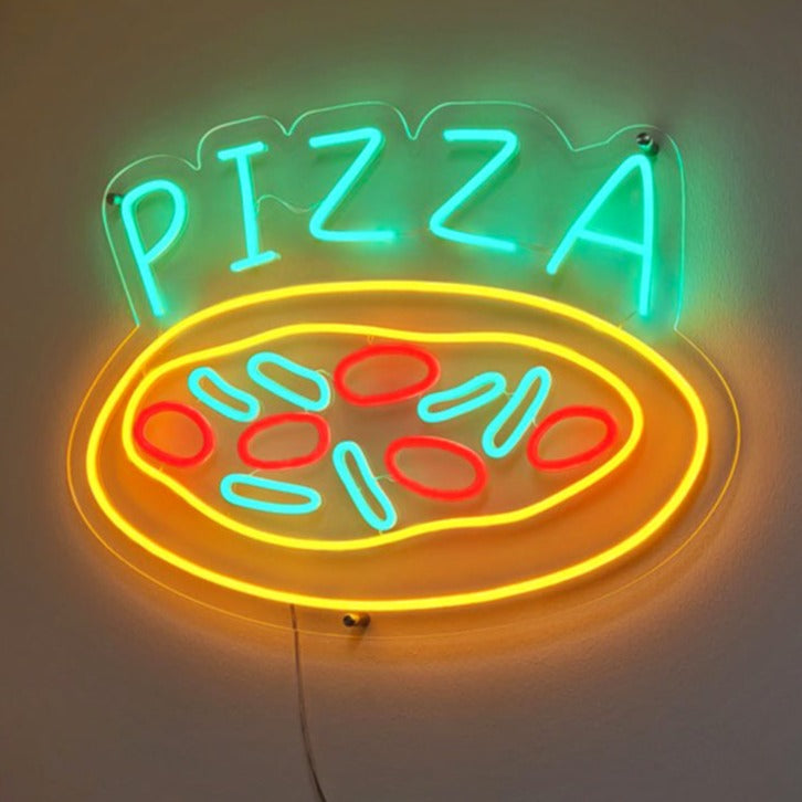 "Pizza Neon Sign" är ett läckert och ikoniskt tillägg för pizzerior och pizzaälskare. Lys upp med doften av nybakad godhet!