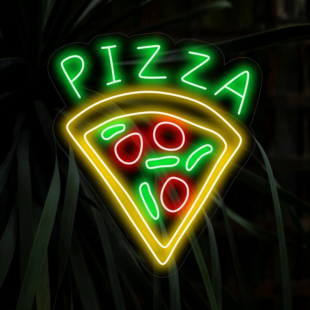"Pizza Slice Neon Sign" är ett ljuvligt tillskott, perfekt för pizzerior och pizzaentusiaster. Lys upp med den oemotståndliga charmen av en enda skiva!