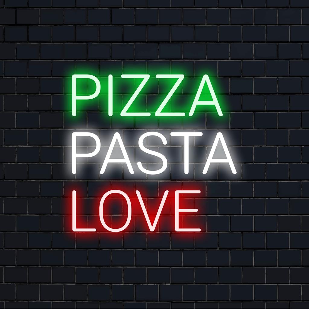 Skräddarsydd LED neonskylt som visar upp Pizza Pasta Love med levande, färgglad glöd; perfekt som unik neon väggkonstdekor.