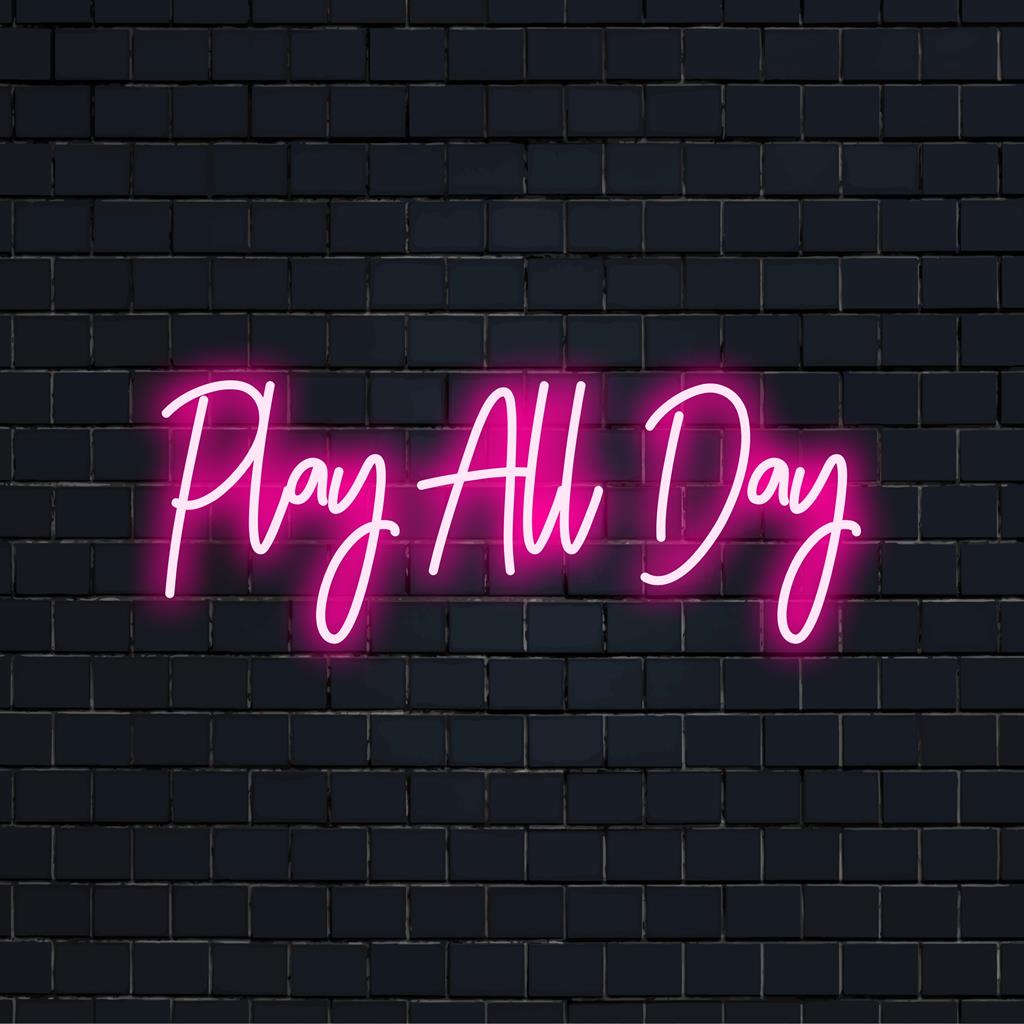 Skräddarsydd LED-neonskylt med lekfull Play All Day-text, perfekt neonljusdekor för levande och engagerande utrymmen.