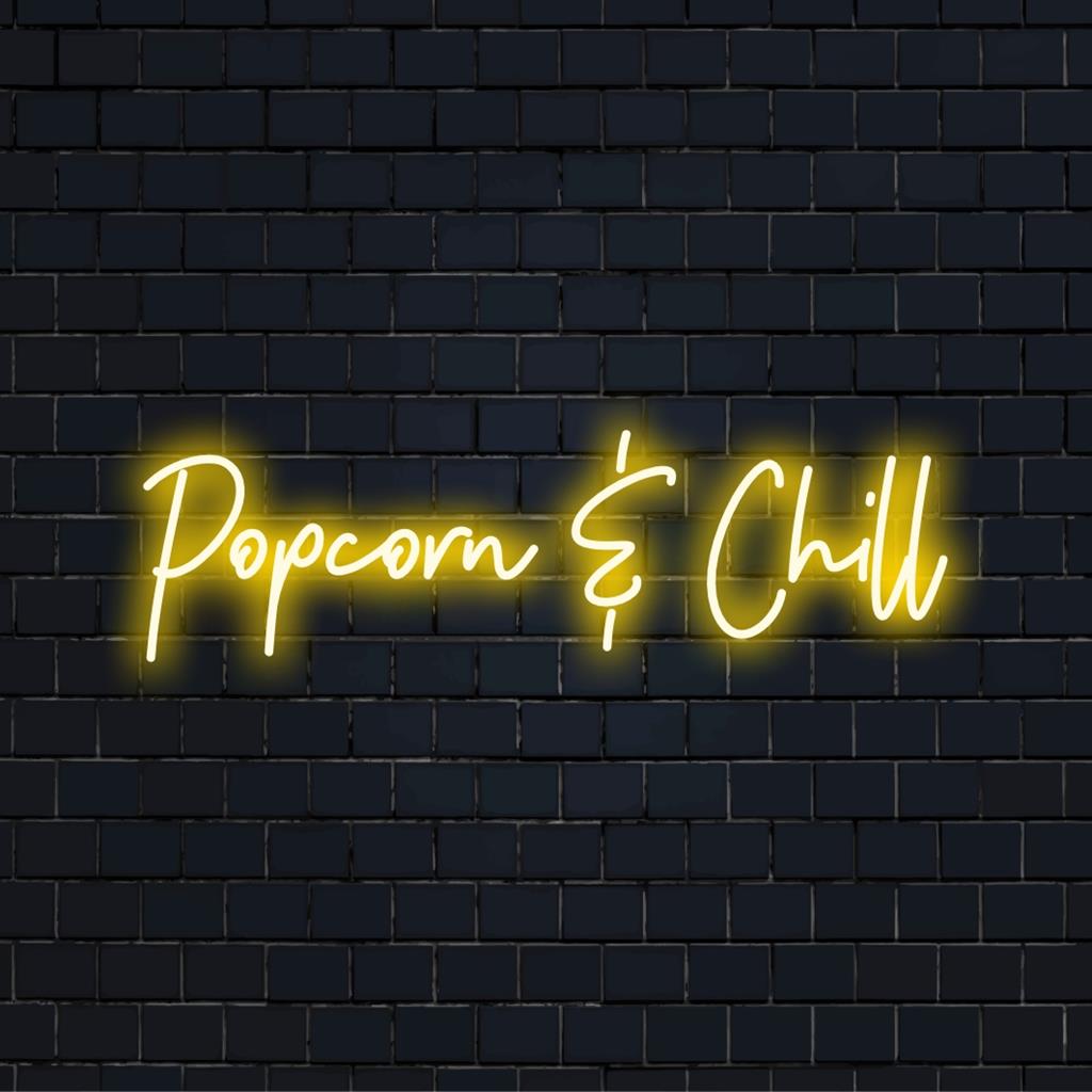 Popcorn Chill neonskylt; anpassad LED-dekor för biografer eller lounger, med lekfull popcorn och manusdesign i varma nyanser.