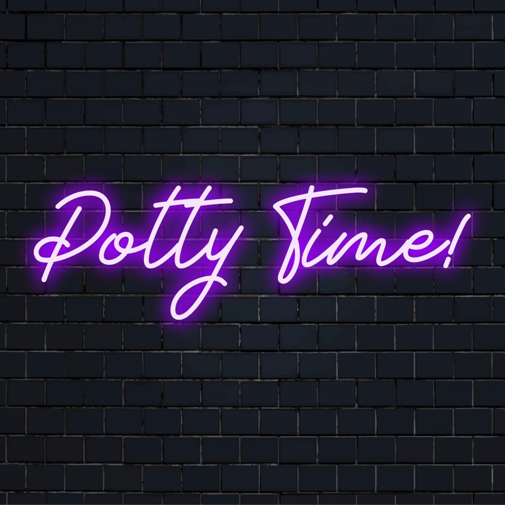 Livlig anpassad LED-neonskylt som stavar Potty Time, perfekt för lekfull badrumsinredning, blanda humor och modern neonkonst.