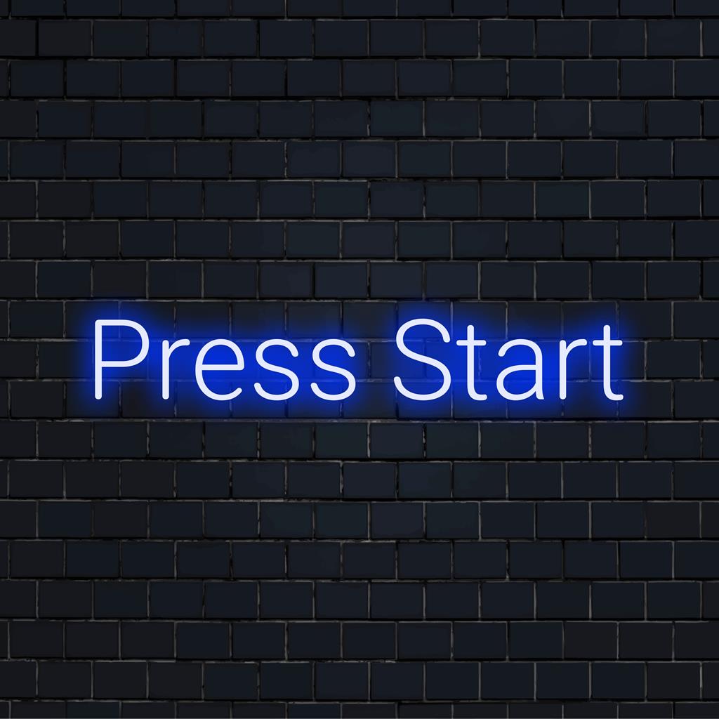 Levande skräddarsydd LED neonskylt med frasen Press Start; perfekt för att lägga till en retro spelkänsla till alla utrymmen.