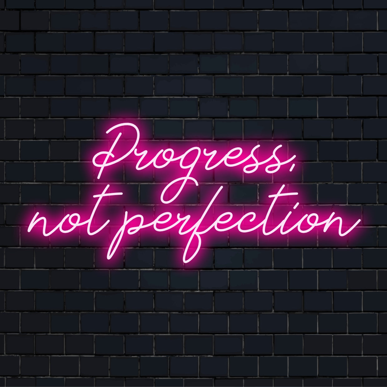 Handgjord LED-neonskylt med Progress, Not Perfection i livfulla nyanser ��� en inspirerande, anpassad ljusdekoration.