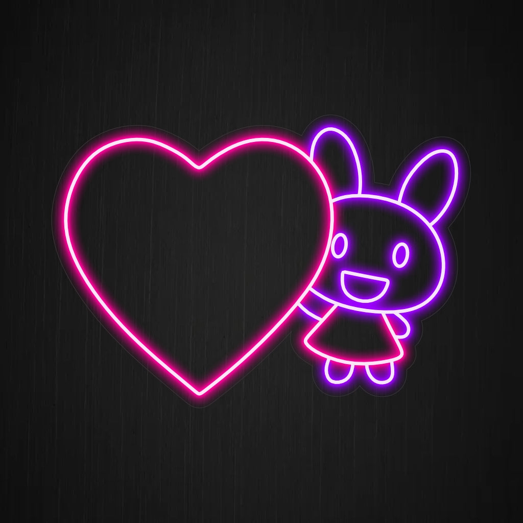 "Rabbit with Big Heart Neon Sign" är ett hjärtvärmande tillägg, perfekt för utrymmen som firar kaninernas kärlek och söthet. Lys upp med värmen från en storhjärtad kanin!