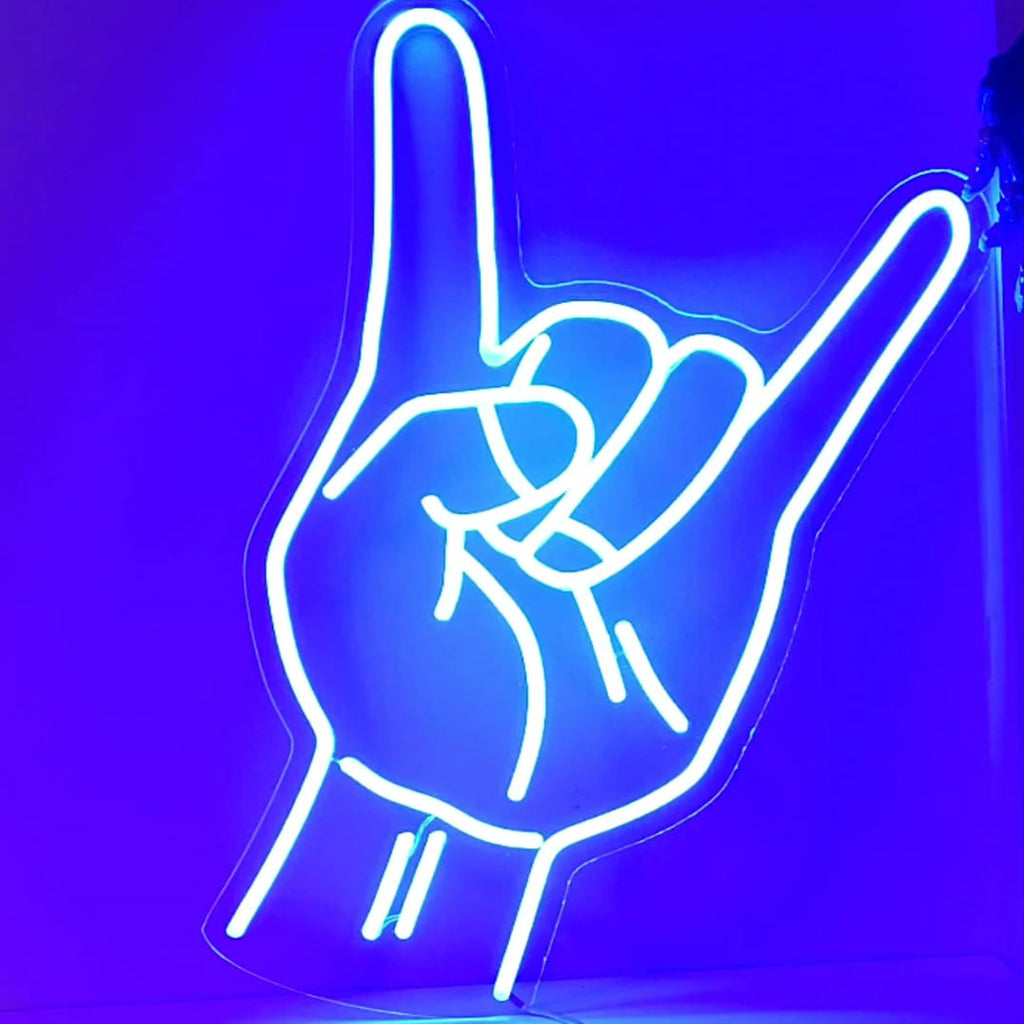 "Rock Hand Neon Sign" fångar den rebelliska andan med sin ikoniska gest, som ingjuter ditt utrymme med edgy och eleganta musikaliska vibbar."
