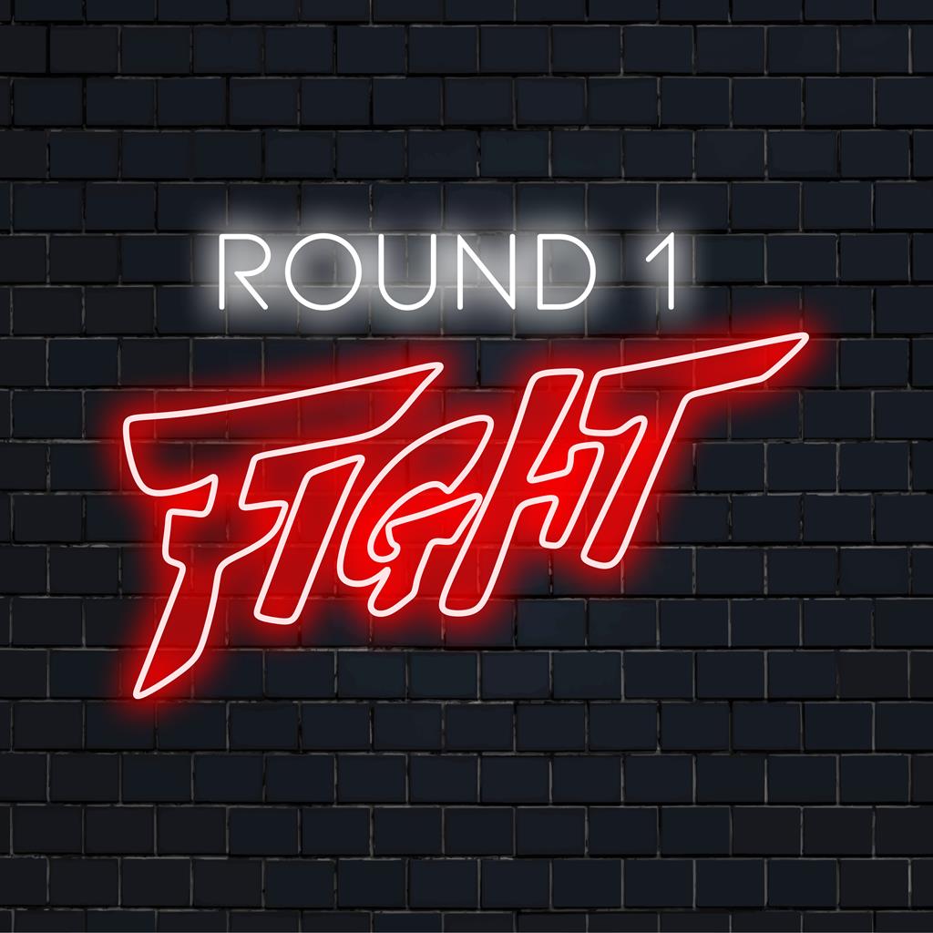 Round 1 Fight neonskylt, en livlig anpassad LED-detalj perfekt för speldekor eller neonväggkonst med tema.