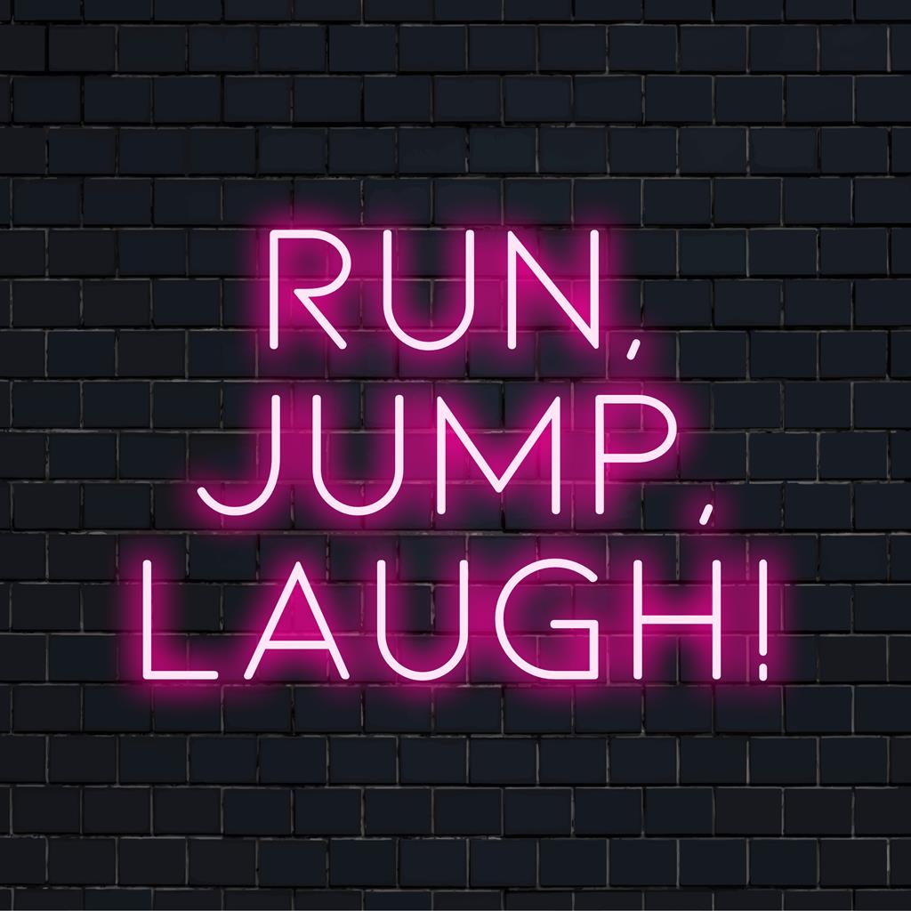 Livlig anpassad LED-neonskylt med titeln Spring, Jump, Laugh! med lekfull typografi för livlig väggdekoration.