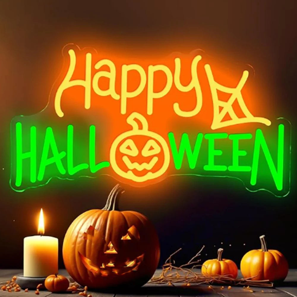 Bilden har en levande "Happy Halloween" LED neonskylt.