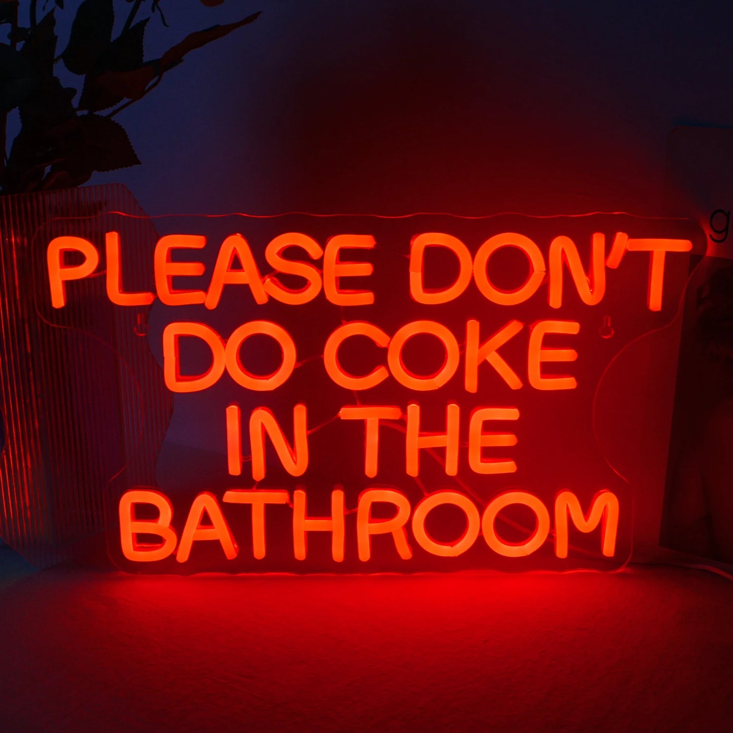 Bilden visar en handgjord LED-neonskylt med texten "Please Don't Do not Coke in the Bathroom" i livfulla färger.
