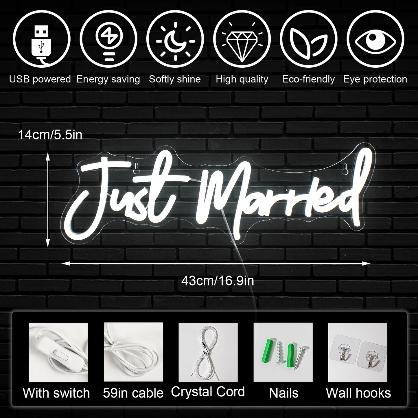 Just Married 5V USB LED Ljusskylt - Prisvänlig