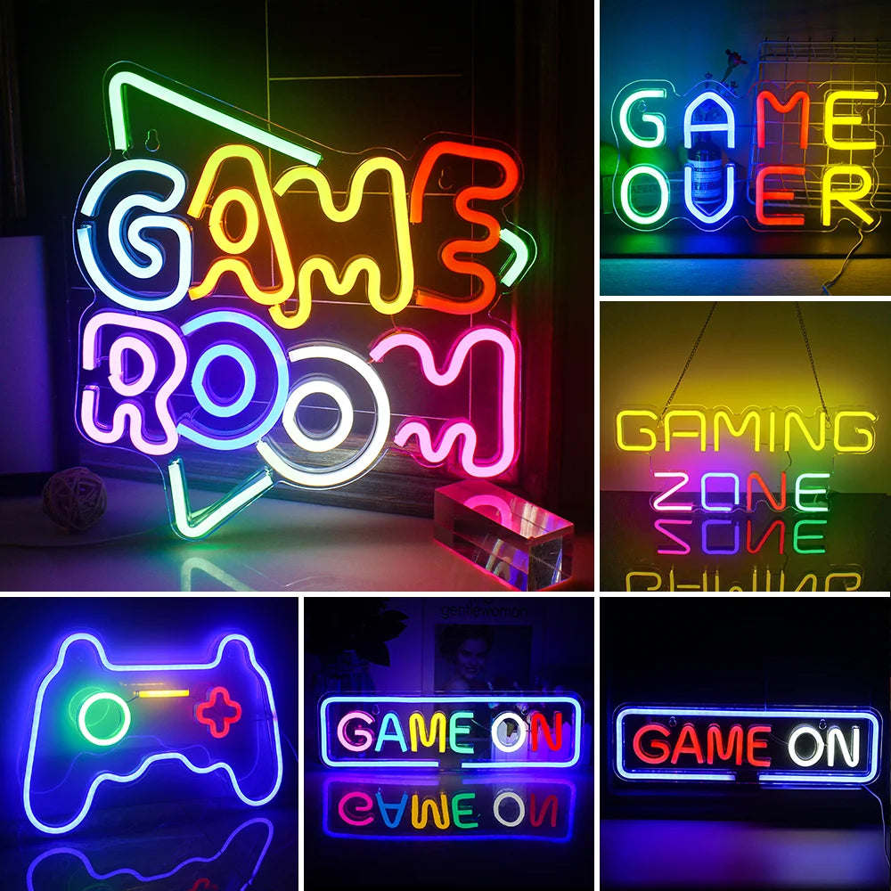 Bilden visar en levande LED-neonskylt som stavar ut "Game Room" i fet, lekfull typografi.