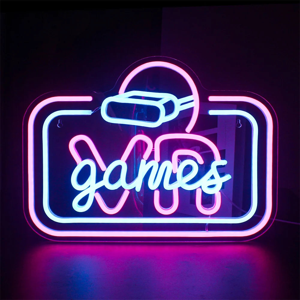 Bilden har en levande LED-neonskylt som visar texten "VR-spel" med fet, samtida bokstäver.