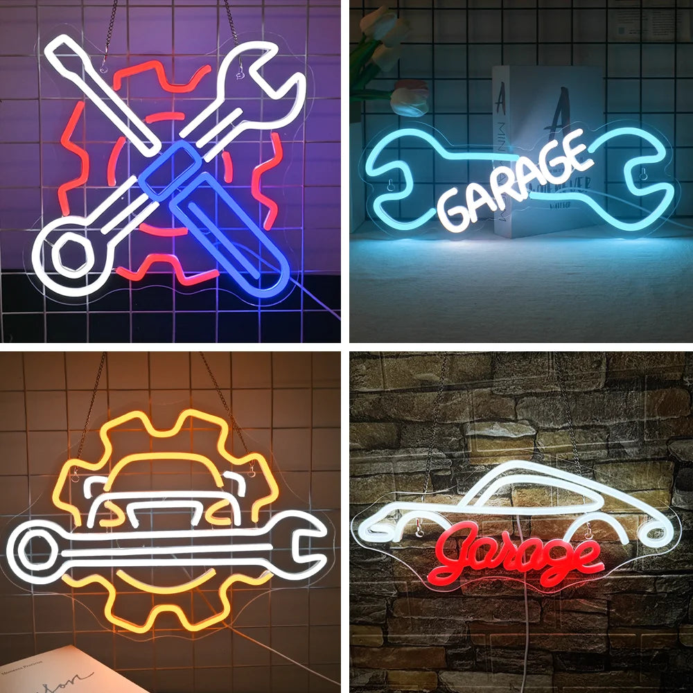 Bilden har en levande LED-neonskylt som stavar ut ordet "Garage" med fet stil.