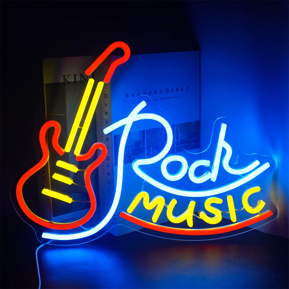 En levande och elektrifierande LED-neonskylt som visar orden "Rockmusik" med fetstilade bokstäver.