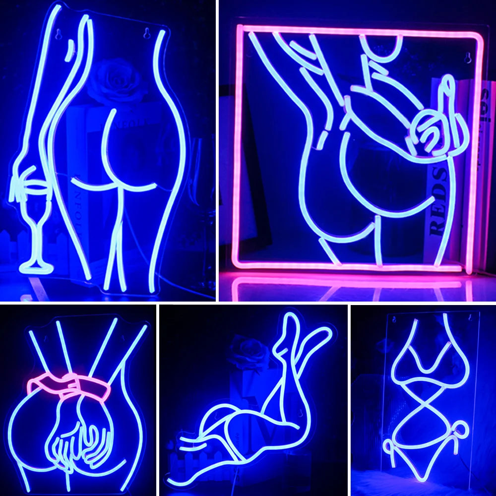 Bilden visar en levande LED-neonskylt som visar siluetten av en glamorös dam i en förförisk pose.