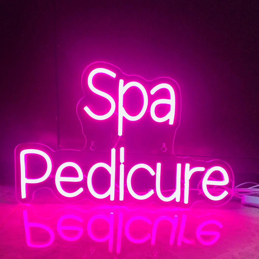 Bilden har en livlig "Spa Pedicure" LED neonskylt, designad i en elegant och modern stil.
