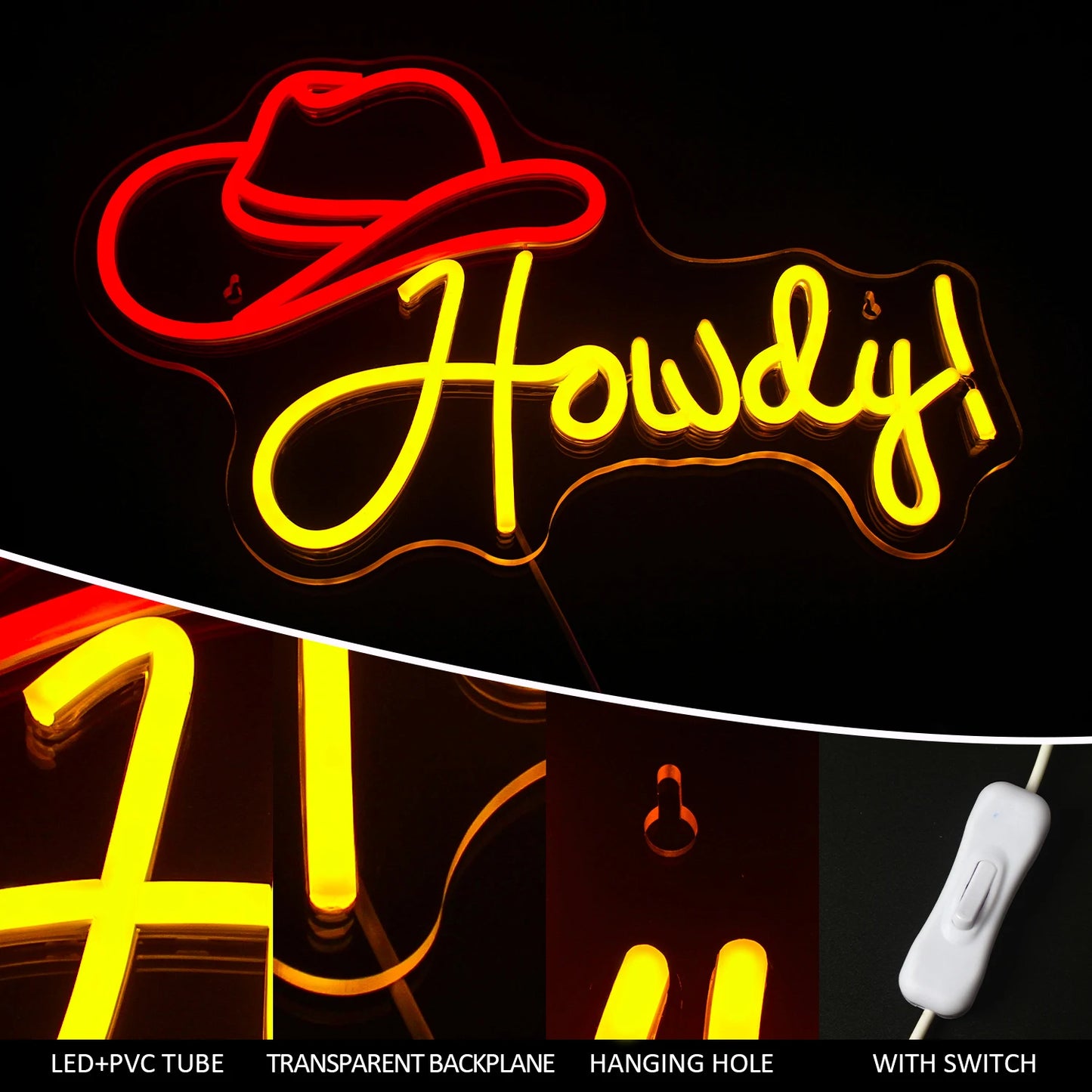 Howdy Cowboyhatt 5V USB LED Ljusskylt - Budgetvänlig