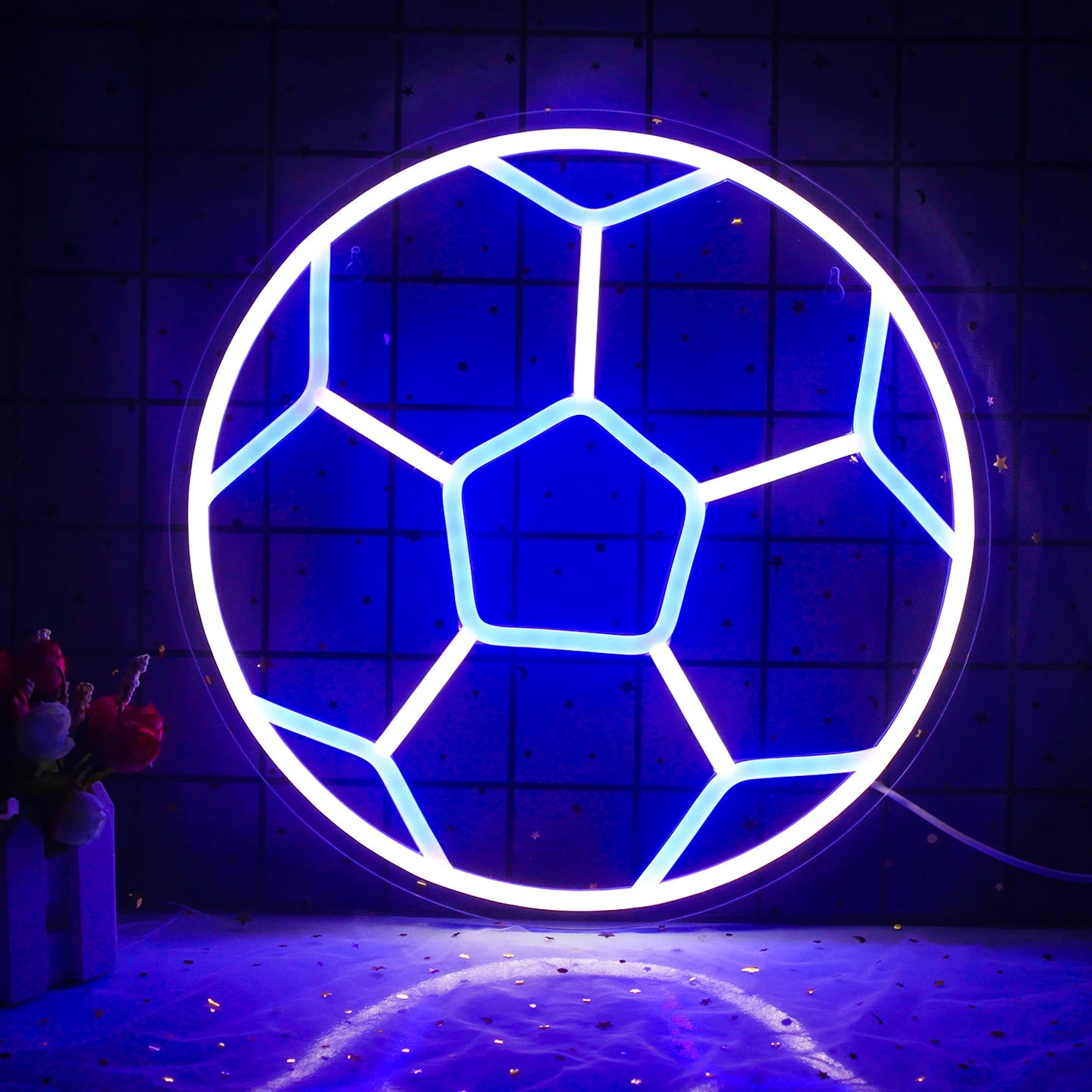 En livlig fotboll LED neonskylt med en glödande design av en fotboll.