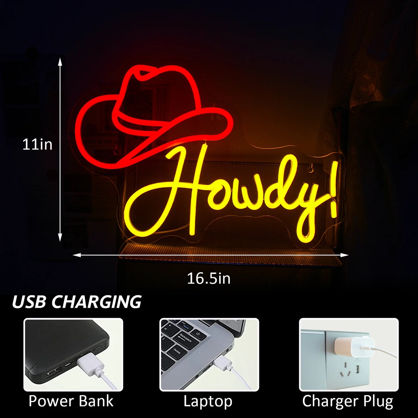 Howdy Cowboyhatt 5V USB LED Ljusskylt - Budgetvänlig