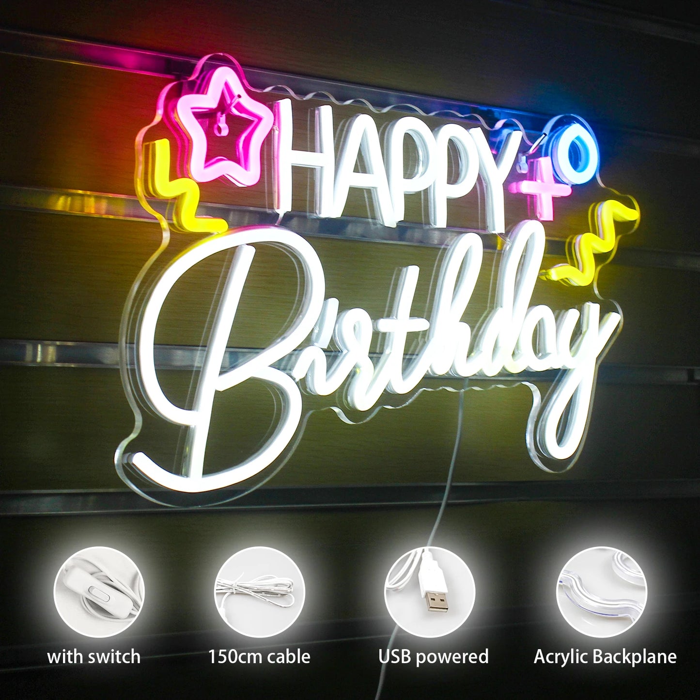 Happy Birthday 5V USB LED Neonskylt - Budgetvänlig