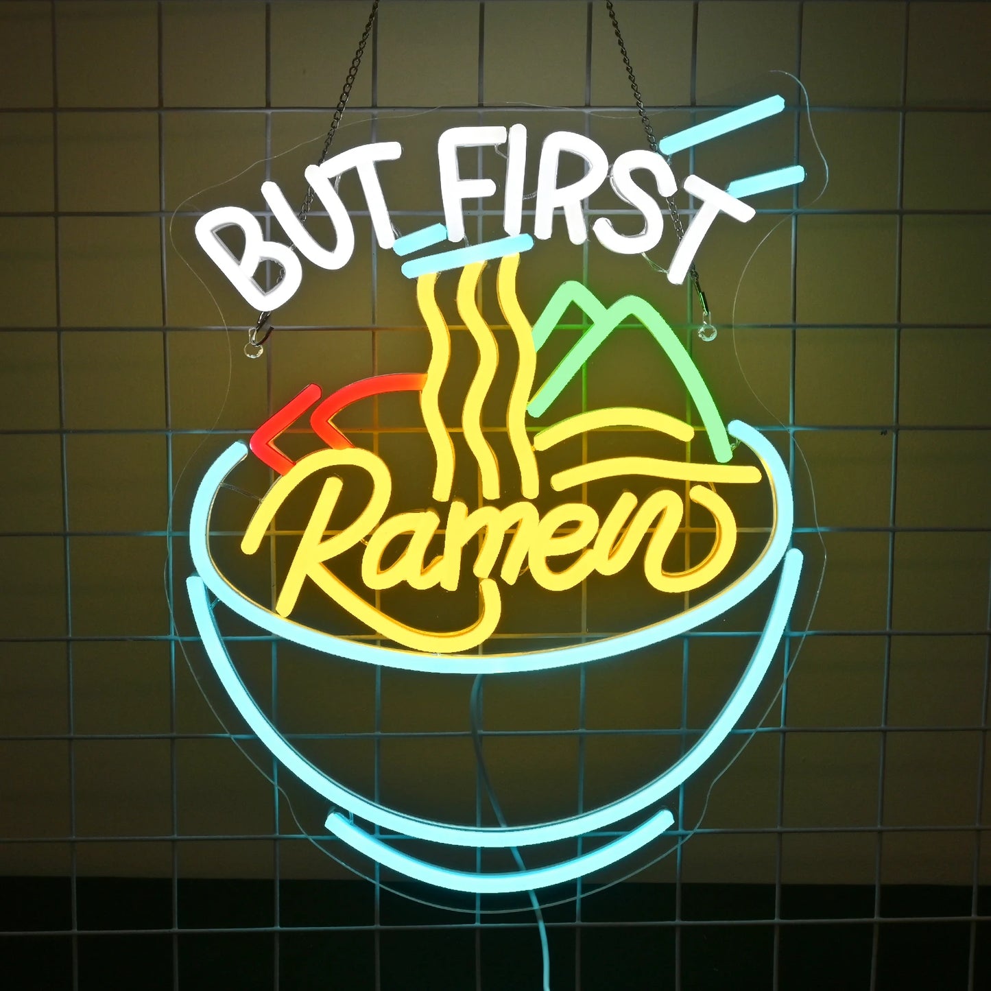 En levande LED-neonskylt formad som en ångande skål med ramen.