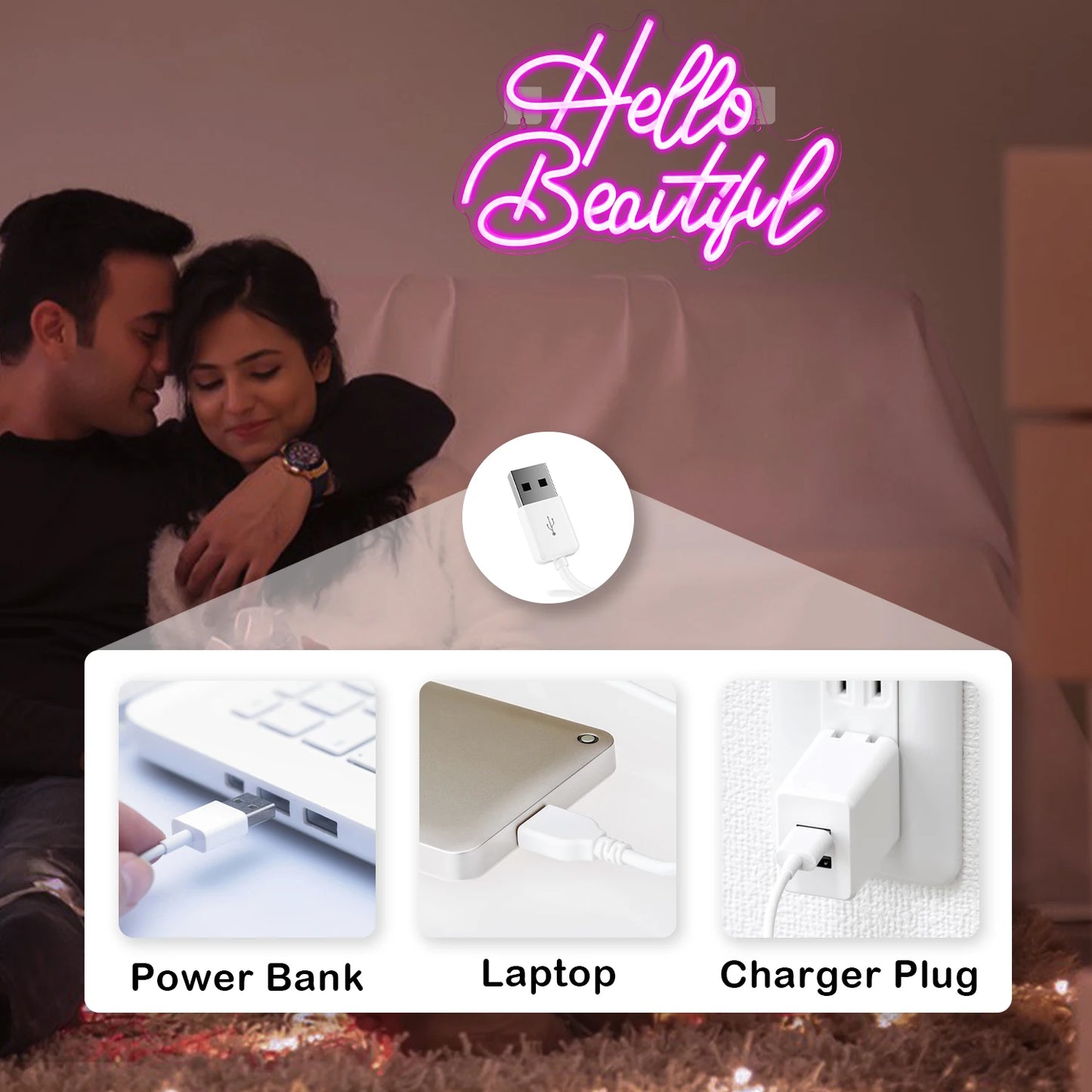 Hello Beautiful 5V USB LED Neonskylt - Budgetvänlig