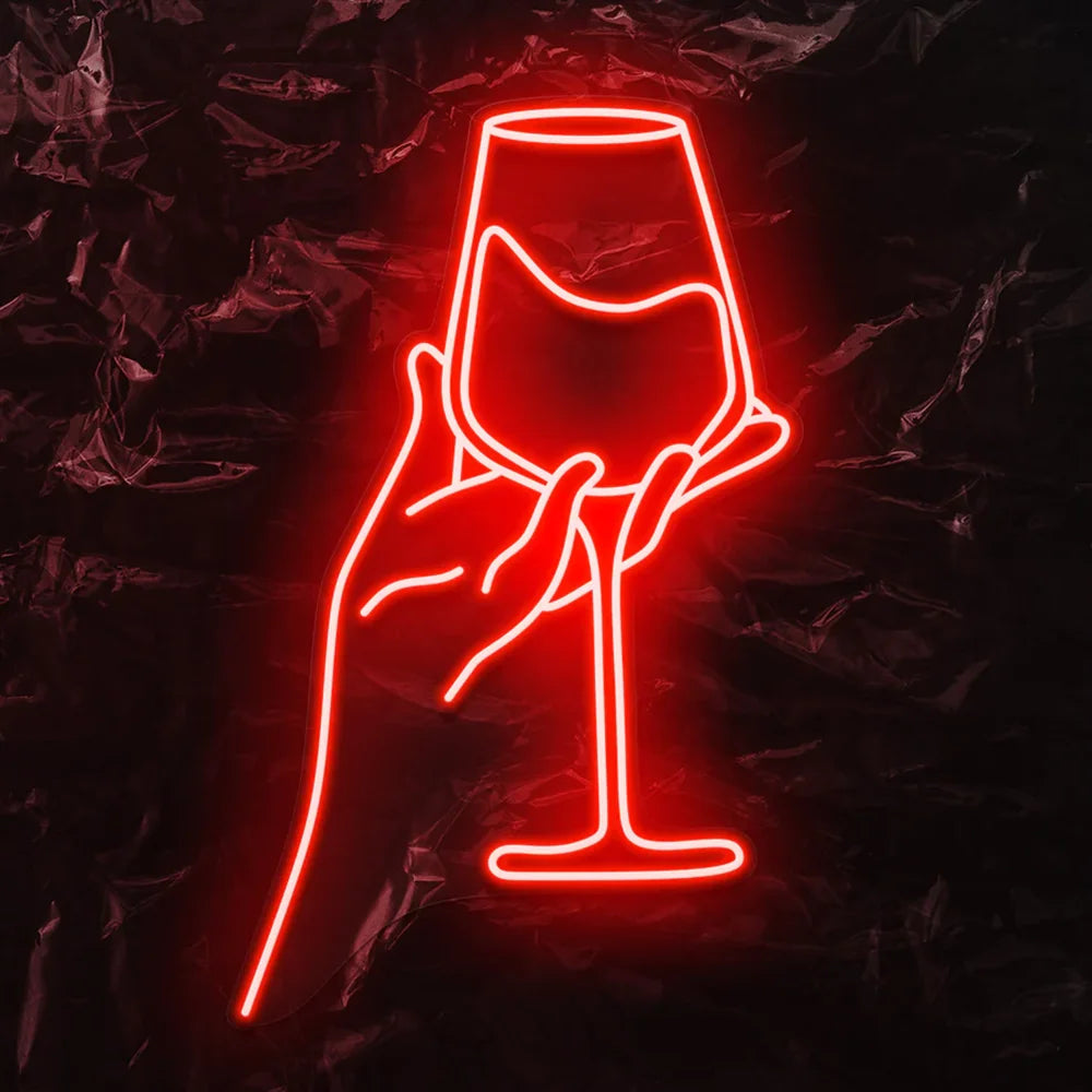 Bilden visar en levande LED-neonskylt som visar ett stiliserat rödvinsglas.