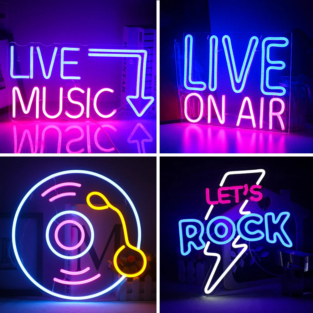Bilden har en levande LED-neonskylt som läser "Live Music" med ljusa, glödande bokstäver.